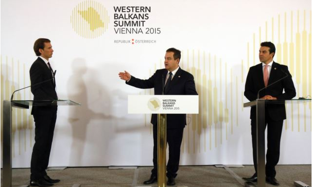 Austrian Foreign Minister Sebastian Kurz, Serbian Foreign Minister Ivica Dacic and Macedonian Foreign Minister Nikola Poposki a in Vienna, Austria, Aug. 27, 2015.